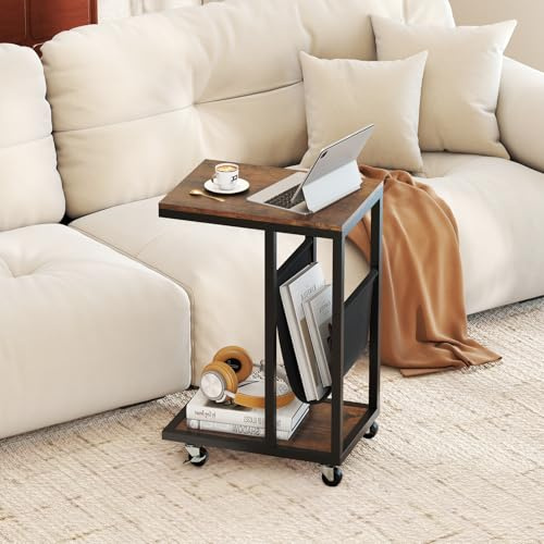 GIANTEX Beistelltisch C-Form mit Rollen und Aufbewahrungstasche | Laptoptisch Notebooktisch, mobiler Kaffeetisch Telefontisch, kleiner Tisch Pflegetisch Industrie-Design, 40x28x60 cm
