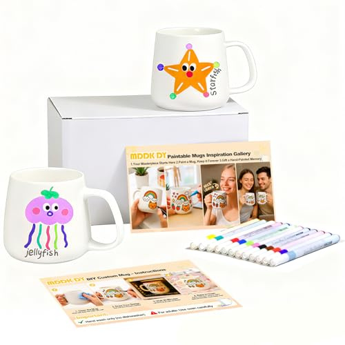 MDDK DY Keramik Bemalen Set – Tassen Bemalen Set mit 2 Keramiktassen zum Bemalen, 12 Farben Porzellanmalstiften & Anleitung, DIY Tassen Set für Kinder & Erwachsene, Spülmaschinengeeignet