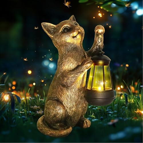 HONGLAND Cat Outdoor Statues Garden Decor, Cat Figurines Solar Lantern Lights, Birthday Gifts for Mom, Front Patio Balcony Yard Art Lawn Ornaments Porch Outdoor Decorations