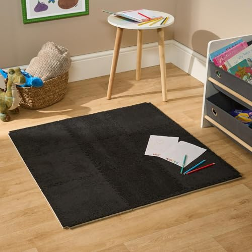 OHS 18 Piece Foam Baby Play Mats 30 x 30cm, Teddy Fleece EVA Foam Interlocking Floor Tile Soft Thick Comfortable Floor Tile Matting for Children Play Crawl Puzzle Mat for Baby, Black