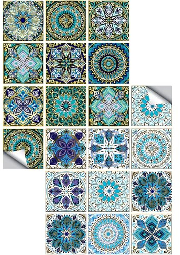 Carta da Parati a Mattonelle, Confezione da 20, Piastrelle Adesive, Stile Marocco, Blu, 10x10 cm, PVC Autoadesivo Impermeabile per Cucina, Bagno, Scale, Mobili. Facile Applicazione Senza Residui.