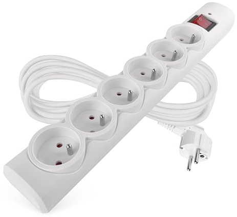 EMOS - multiprise parafoudre avec LED, 6 Prises françaises 45°, câble 5m, Interrupteur, sécurité Enfants, 2300W/10A, PVC, intérieur, Blanc