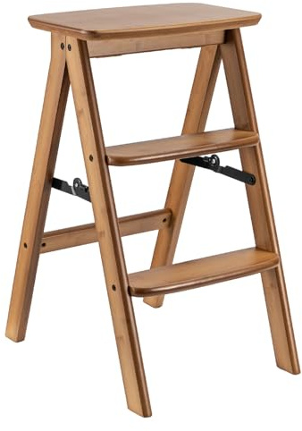 GREENSAPPIRE 3-Tier Natural Bamboo Folding Step Stool Ladder Thick Solid | Portable Multi-Function Folding LadderFootrest for Kitchen, Bedroom, Outdoor House-Warming Gift Friendly