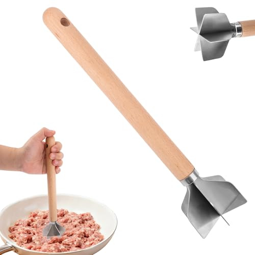 Picador Carne Manual de Acero Inoxidable, 28x7cm 6 Cuchillas Machacador de Carne Picada Multifuncional con Mango Madera para Preparar Comidas