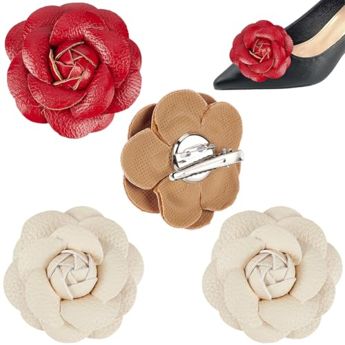 CALFOVERA 4 Pieza de Cuero Sintético con Rosas para Zapatos, Sandalias, Adornos para el Cabello, Pinzas para el Cabello, 2 Colores, Adornos Florales de Cuero para Zapatos, Elegantes Broches