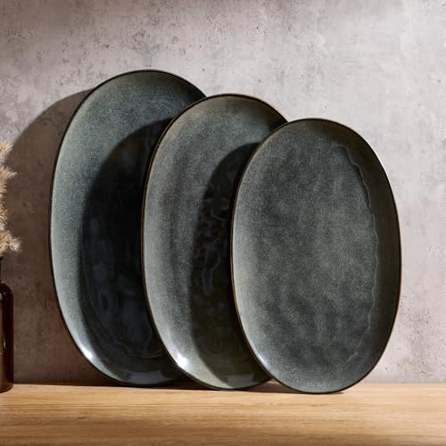 Richmount Ocean Serving Platter, Oval 15.67/14.1/12.6 inch Serving Dishes for Entertaining, Microwave Dishwasher Safe, Stoneware Serving Trays for Party, Turkey, Cheese, Moss Green