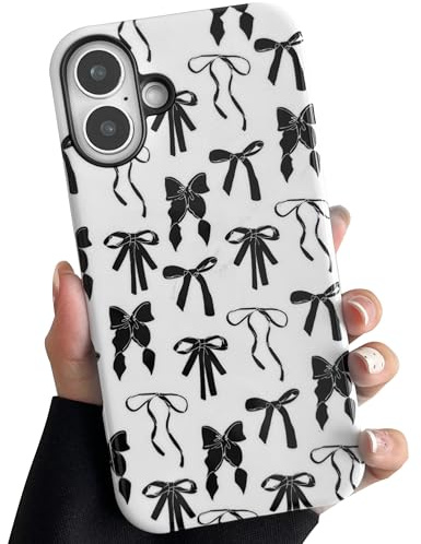 TQLGY for iPhone 16 Plus Case, Cute Bow Ribbon Phone Case Shockproof Slim Soft TPU and Hard PC Protective Cover for Women Girls, Black