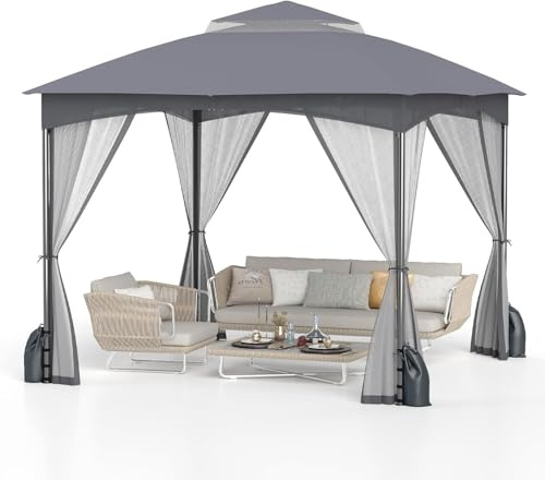 RELAX4LIFE Tonnelle de Jardin Exterieur 3x3, Tonnelle avec Moustiquaire, Barnum Tente de Reception, Cadre Métallique, Sacs de Sable, Piquets de Sol, Montage sans Outil, pour Terrasse (Gris, 3X3 M)