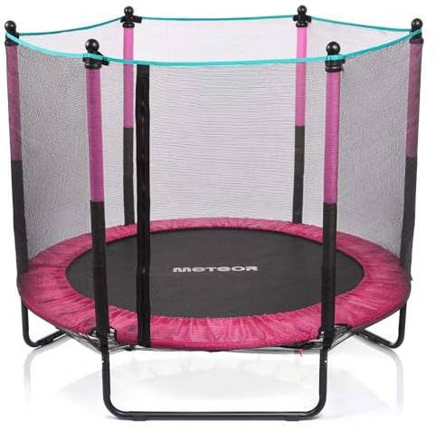 meteor kindertrampolin 140 cm mit sicherheitsnetz Trampolin für Kinder ab 3 Jahre Indoor Outdoor gartentrampolin stabil kompakt rutschfest rosa bis 50 kg
