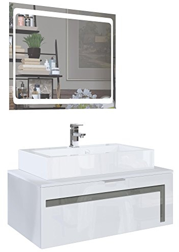 Vladon Waschtisch Waschbecken Unterschrank Aloha V2, Made in Germany, Korpus in Weiß matt/Fronten in Weiß Hochglanz mit Absetzungen in Grau Hochglanz, mit Aufsatzwaschbecken, Armatur (M1) und LED