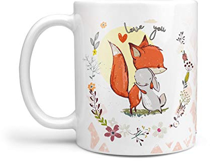Sunnywall Keramik Tasse Kaffeebecher Fuchs Hase Kuscheln Weiss Büro | Kaffeetasse Teetasse Keramikbecher 330 ml spülmaschinengeeignet für Kaffee Tee Büro Alltag Geschenkidee Geschenktasse