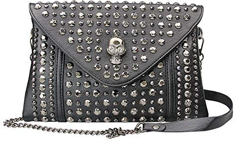 Chikencall® Envelope Clutch Vintage Gothic Skull Punk Handtaschen Beschlagene Leder Geldbörse Umhängetaschen Damen Herren Schultertaschen mit Kettenriemen Schwarz Geldbörsen