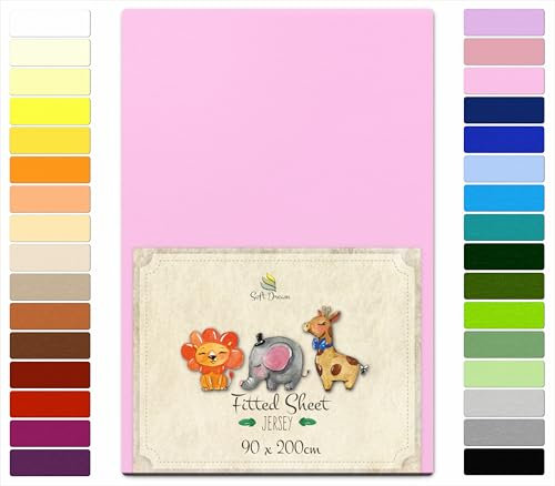 Soft Dream Spannbettlaken 90x200 cm Rosa - 100% gekämmte Baumwolle Jersey - Premium Qualität - Spannbetttuch für Kinderbett Juniorbett - OekoTex Zertifiziert - Made in EU - 90x200cm Rosa