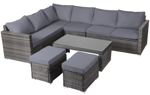 Panana 8 Seater Rattan Garden Sofa Set with Coffee Table Stool, Outdoor Lounge Set with Cushions & Free Cover, Garden Seating for Patio Conservatory Balcony (Mixed Grey with Grey Cushions)