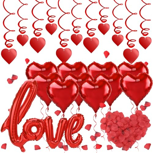 HOWAF Romantische Deko Set, XXL Love Deko Rot Herzluftballons Herz Folienballon, Rosenblätter, Herz Girlanden für Valentinstag Deko, Heiratsantrag Deko, Verlobung Deko, Hochzeitsdeko, Geburtstag