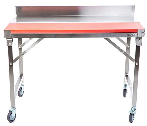 Allpax Zerlegetisch klappbar 120 x 70 x 85 cm – mit Kunststoffplatte und Aufkantung – 200 kg Traglast – Edelstahl Schlachttisch für Jagd und Metzgerei – mobile Ausführung auf Rollen