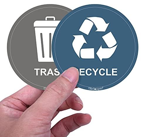 Wisdompro 8 Pack Recycling Stickers for Bins, 3 Inch Self Adhesive Waterproof Recycle and Trash Decals Sign for Trash Can, Indoor & Outdoor Use for Home Kitchen, Office - Blue, Grey