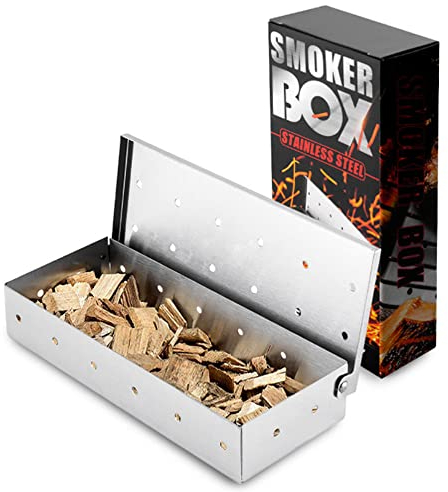MDDZ Smoker Box, Grillers Räucherbox, Edelstahl Räucherbox, Hochwertige Praktischem Räucherbox BBQ mit Klappdeckel für Elektro, Gas, Holzkohlegrills, Outdoor Grillzubehör, Silber, 22.2 x 9.6 x 4.4 cm