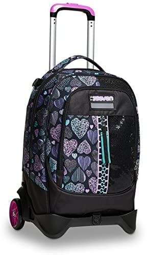Seven TROLLEY, Rucksack mit Trolleyfunktion, Schulranzen mit Rollen, 3 in 1, Abnehmbarer Rucksack, ab 1. Klasse, für Schule, Gymnasium, Reisen&Freizeit, Mädchen&Jungen, schwarz, PATCHYHEART Girl