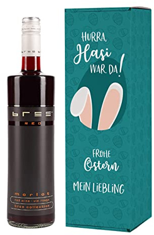 Herz & Heim® Bree Wein 0,75l in personalisierter Verpackung zu Ostern - Hurra, Hasi war da! Rot