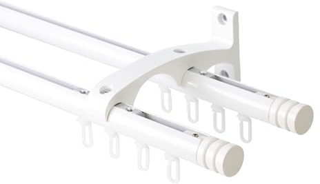 DécoProfi Gardinenstange Innenlauf 2-läufig Set Ø 20 mm Weiß I Länge: 200cm Aluminium für Wandmontage I Als Gardinenschiene & Vorhangstange geeignet