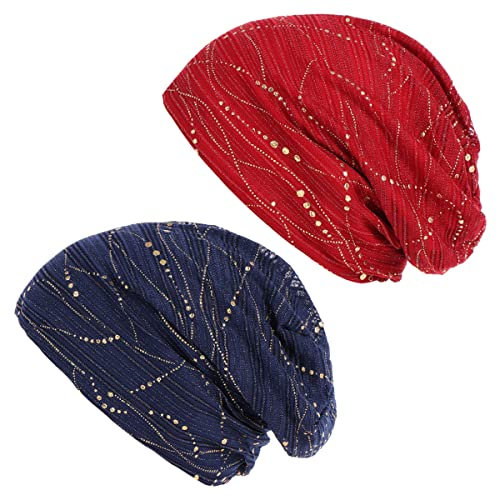 DAZISEN Frauen Baumwoll Turban Chemo Mütze – Weicher Bedruckter Kopfbedeckung Schlafmütze für Mädchen und Damen Krebs Alopezie Haarausfall Hut, Rot*1 + Dunkelblau*1
