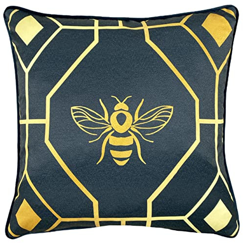 furn. Bee Deco Feather Filled Cushion, Polyester, Navy