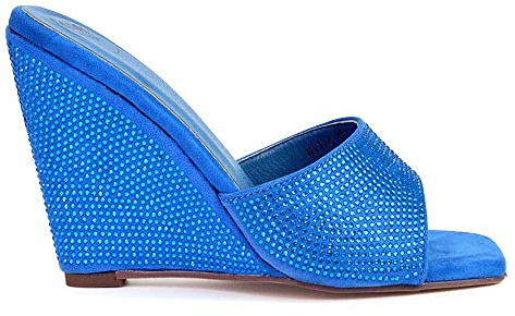 Womens Wedge Heel Sandals Ladies Sparkly Diamante Slip On Square Toe Muled Shoes Size 3-8