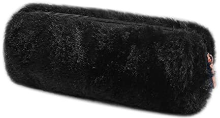 Oneyijun Pencil Cases Pen Bag Plush Makeup Pouch Holder Fluffy Faux Fur Storage Bag Girl Women Cute Plush Pencil Case Super Soft Barrel Kids Students Stationery Cover for School Office (Black)