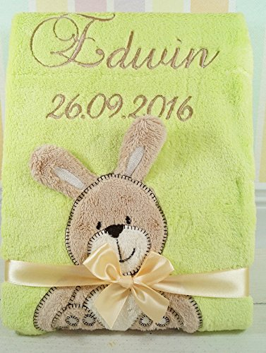 BotoBaby® - Babydecke mit Namen und Geburtsdatum - Geschenk Taufe Geburt ★ Osterhase ★ (Grün - Hase)