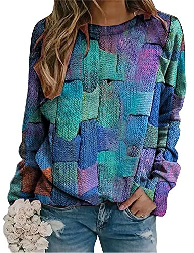 Sweatshirt Pullover Damen mit Sweatermuster Longshirt Tunika Lange Oberteile Große Größen Bedruckte Longbluse Longpullover Langarm T Shirt Casual Lose Elegant Pullover Bluse Langarmshirt Hemd Tops