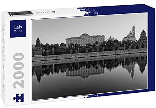 Lais Puzzle Frontansicht des Moskauer Kremls und Spiegelung im Fluss in schwarz weiß 2000 Teile