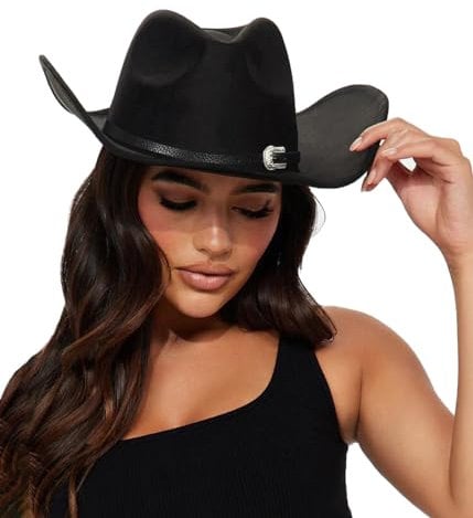 Womens Western Cowboy Hats Studded Pinched Western Cowgirl Hats Wide Brim Fedoras Hat with Belt Buckle (Size:Medium), Black-carved, M