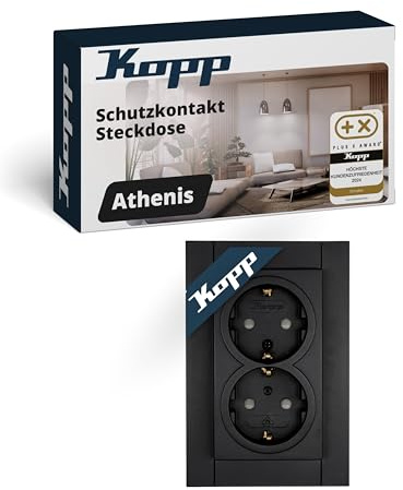 Kopp ATHENIS 2-fach Schutzkontakt-Steckdose in Matt Schwarz – 2-fach Unterputz mit erhöhtem Berührungsschutz – Befestigung mit Steckklemmen & Krallen – IP20 Steckdose 16 A / 250 V~