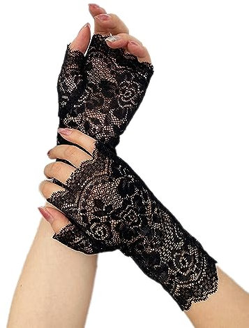 Wambere Spitzenhandschuhe,Fingerlose Handschuhe Vintage Fäustlinge Damen Spitze Stickerei Fingerlose Sonnenschutz Braut Handgelenk Handschuhe für Hochzeit Teeparty Zubehör Party Halloween,Schwarz