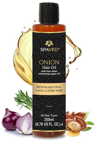 SpaVed Onion Hair Oil with Rosemary & Argan– Natural Hair Growth & Dandruff Treatment with Vitamin E, Jojoba, Argan – Itchy Scalp & Hair Fall Control – Paraben-Free,Sulfate- Free 200ml