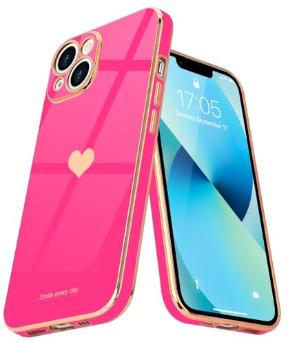 Teageo for iPhone 13 Case Cute Heart Pattern for Women Girls Slim Luxury Bling Plating Soft TPU Anti-Scratch Shockproof Bumper Phone Case for iPhone 13, Hot Pink