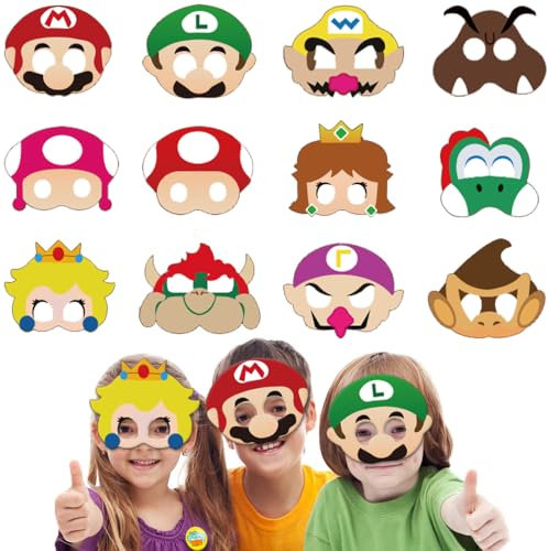 OXINO 12 Pezzi Maschere di Mario, Maschera Festa, Bambini Compleanno Mascherine, Maschera Bambini Compleanno Festa Costume Carnevale, Cosplay Gioco Maschere Feste Regalo per Natale Halloween