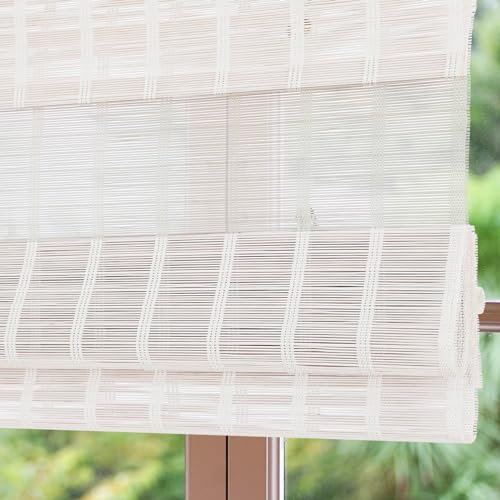 Sunbox Cordless Bamboo Roman Shade Blind, Woven Wood Roman Shades, Light Filtering Natural Bamboo Curtain Blinds for Windows, French Doors, 35'' W x 48'' H, Pearly White