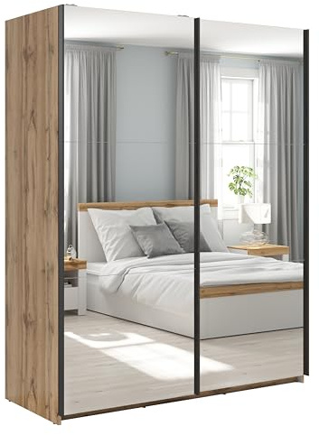BLACK RED WHITE® Schwebetürenschrank Tetrix | eleganter Schiebetürenschrank Schrank Garderobe | 60 x 153,5 x 195,5 cm | Wohnzimmerschrank für Schlafzimmer, Jugendzimmer | Eiche