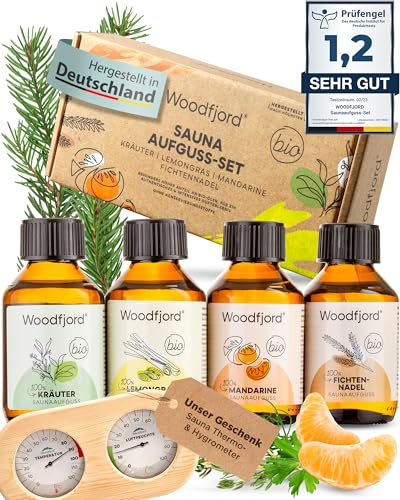 WOODFJORD Saunaaufguss Set BIO Natur inkl. Saunathermometer und Hygrometer I 4 verschiedene Saunadüfte und -Öle, je 100 ml I Set für authentische Saunaerlebnisse I Das perfekte Saunaduft Probierset