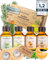 WOODFJORD Saunaaufguss Set BIO Natur inkl. Saunathermometer und Hygrometer I 4 verschiedene Saunadüfte und -Öle, je 100 ml I Set für authentische Saunaerlebnisse I Das perfekte Saunaduft Probierset