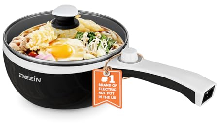 DEZIN Electric Cooker Upgraded, Non-Stick Sauté Pan, 1.5L Mini Electric Fondue Pot for Cheese, Stir Fry, Roast, Steam with Power Adjustment, Perfect for Ramen, Steak (Egg Rack Included)