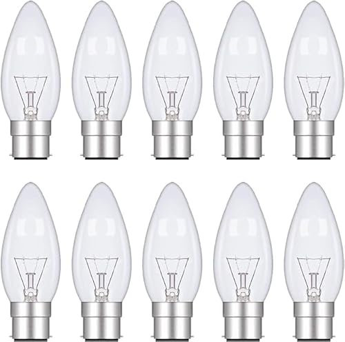 Pack of 10 Candle Light Bulbs B22, Bayonet Light Bulb 2̣5̣Ẉ, Dimmable Clear Bayonet Cap Fitting Bulbs, Warm White 2700K, 260 Lumen