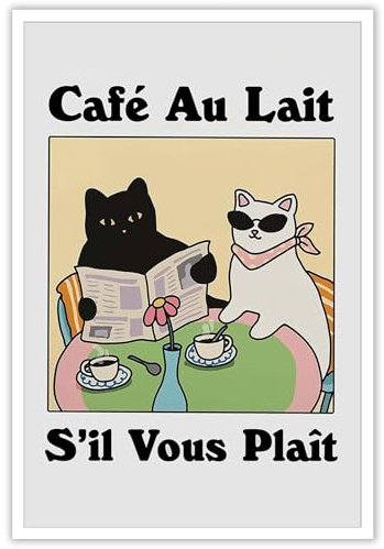 DVBOCS Leinwandbild: French Cafe Au Lait - Lustige Schwarz-Weiße Katze Trinkt Nachmittagstee, Vintage-Poster, Wanddekoration für Kaffee, Bar, Küche