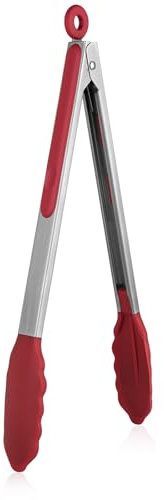 U-Taste 30cm Küchenzange aus Silikon: 250℃ hitzebeständige Kochzange mit fest versiegelten Antihaft-Gummispitzen & silikonbeschichtetem Stahlgriff & glatter Verriegelung zum Servieren (Rot)