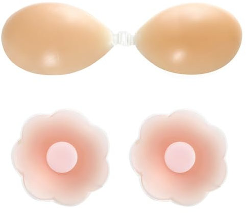 QYEHF Reggiseno Push Up Invisibile in Silicone, Reggiseno Adesivo Lavabile Riutilizzabile Appiccicoso per Abito da Sera Senza Schienale Senza Spalline Coppa A~B, con 1 Paia Copri Capezzoli,