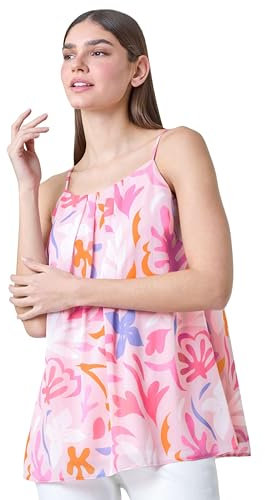 Roman Originals Floral Print Chiffon Cami Top for Women UK - Ladies Everyday Holiday Spring Summer Round Neckline Comfy Soft Evening Vacation Work Party Light Pink