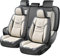 Coverado Sitzbezüge Auto Leder Komplettset, Wasserdichtes Autositzbezüge für 5-Sitze mit geprägten Körnern, Universell Sitzbezug Auto Sitzschoner Kompatibel für Limousinen SUV Pickup LKW, Grau&Beige