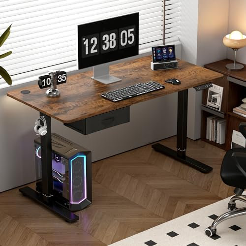 mcc direct Electric Standing Desk, Sit Stand Table, Height Adjustable Electric Standing Computer Desk with USB Charging Port and Desk Drawer for Home Office(140 X 60 cm, Brown)-Easton